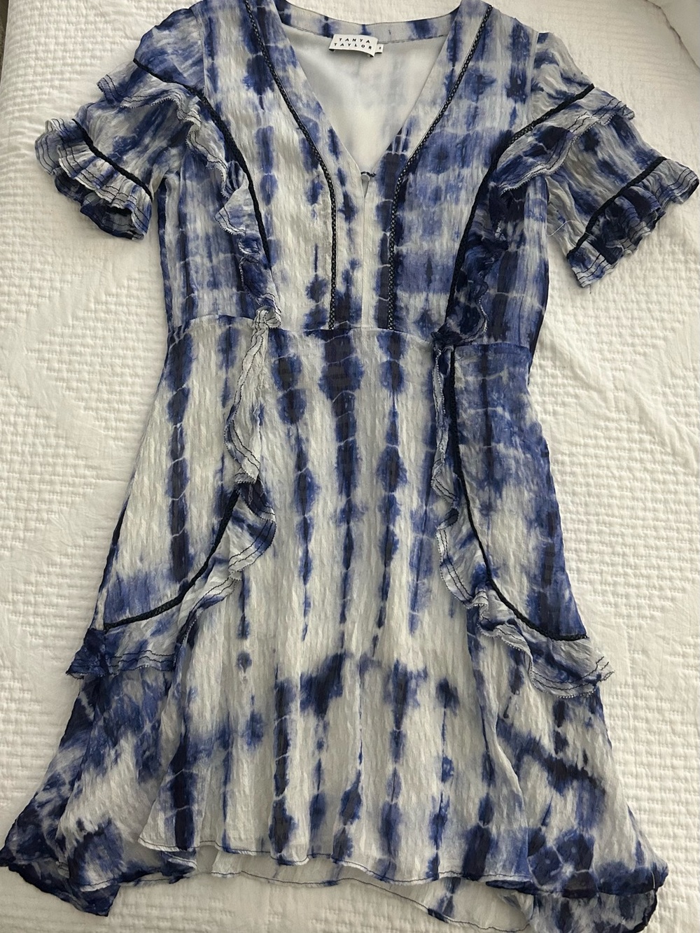 Tanya Taylor Blue Tie Dress- Dye Ruffle women Dress
